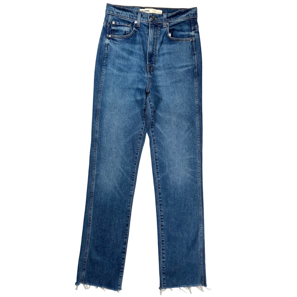 GRLFRND The Sara Slim‎ Straight Jeans Womens 26 Blue Super High Rise Raw Hem